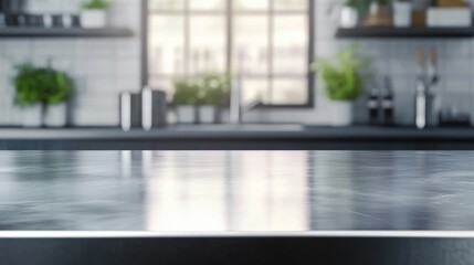 Empty stainless tabletop with blurred kitchen view background.