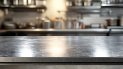 Empty stainless tabletop with blurred kitchen view background.