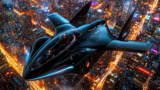Futuristic aircraft soaring over a luminous cityscape reflecting advanced technological marvel - Powered by Adobe