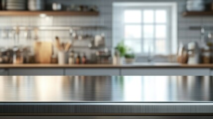 Empty stainless tabletop with blurred kitchen view background.