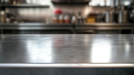 Empty stainless tabletop with blurred kitchen view background.