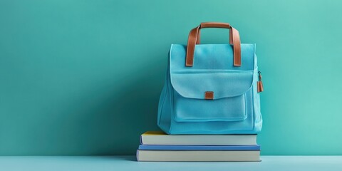 Light blue backpack with books on a light background, in a simple, minimalistic style, high-resolution photography. a3 --ar 2:1 --v 6.1 Job ID: 0b1579b7-3d22-4a13-b295-faf6c6f0e62e