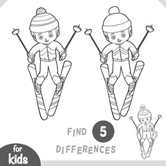 Cartoon boy skiing. Find differences, educational black and white game for kids