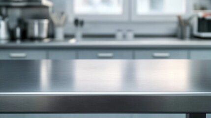 Empty stainless tabletop with blurred kitchen view background.