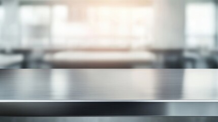 Empty stainless tabletop with blurred kitchen view background.