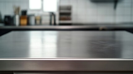 Empty stainless tabletop with blurred kitchen view background.