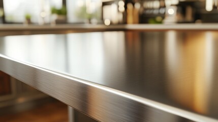 Empty stainless tabletop with blurred kitchen view background.