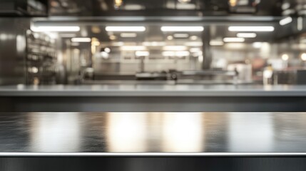 Empty stainless tabletop with blurred kitchen view background.