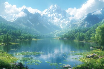 Serene mountain lake surrounded by lush forest with majestic snow capped peaks