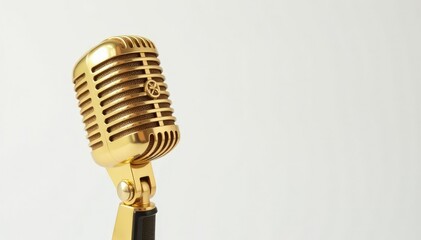 Fototapeta premium Close-up shot of a gold microphone on white background, studio, hip hop