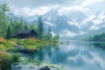 Fototapeta premium Serene mountain lake cabin with lush greenery and snow capped peaks