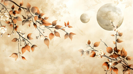 A serene autumnal scene with delicate branches and leaves.