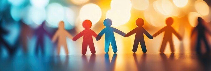 Paper people held together by hands in the center of the picture, with a blurry background featuring blue and orange colors