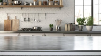 Empty stainless tabletop with blurred kitchen view background.