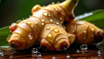 Naklejka premium Fresh Ginger Root with Water Droplets