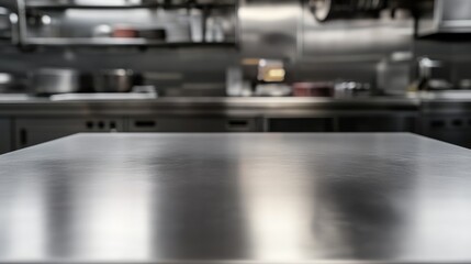 Empty stainless tabletop with blurred kitchen view background.