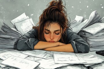 A young woman overwhelmed by paperwork, resting her head.