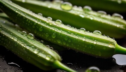 Fresh Okra Pods with Water Droplets
