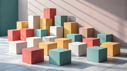 Fototapeta premium A set of 3D abstract cubes rendered with realistic shadow effects, creating depth and dimension. Suitable for technology presentations, modern art projects, and visualizations.