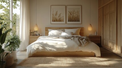 Serene bedroom with natural light, wooden elements, and cozy aesthetics