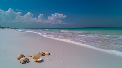 Pristine White Sandy Beach with Gentle Waves Vivid Aquamarine Water Soft Clouds and Seashells Scattered on the Sand Under a Bright Blue Sky in Full Natural Beauty.