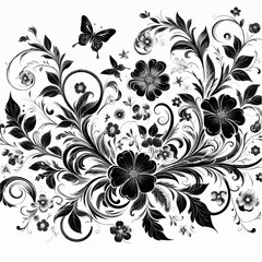 Intricate black and white floral design with blooming flowers, swirling leaves, and butterflies. Ideal for vintage decoration, wallpapers, prints, and ornamental backgrounds.