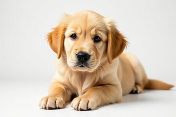 Golden Retriever puppy lies on white backdrop, petphotography, dog