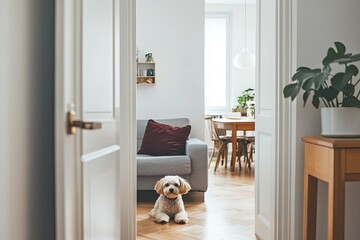 Cozy home interior with a small dog.  A light and bright interior, featuring a neutral color palette, hardwood floors, and a small dog positioned in the doorway