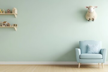 Pastel-toned children's room with a light mint green wall, wooden shelves, toy figurines, a sheep wall decoration, and a light blue armchair