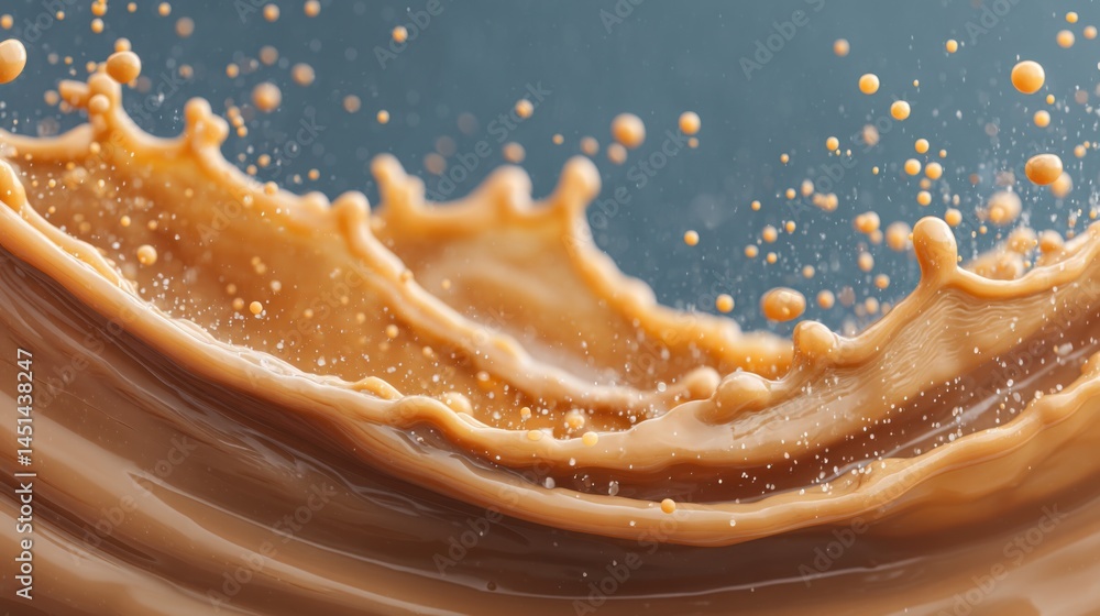 Poster Dynamic splash of brown liquid creating a captivating visual effect on a blue background