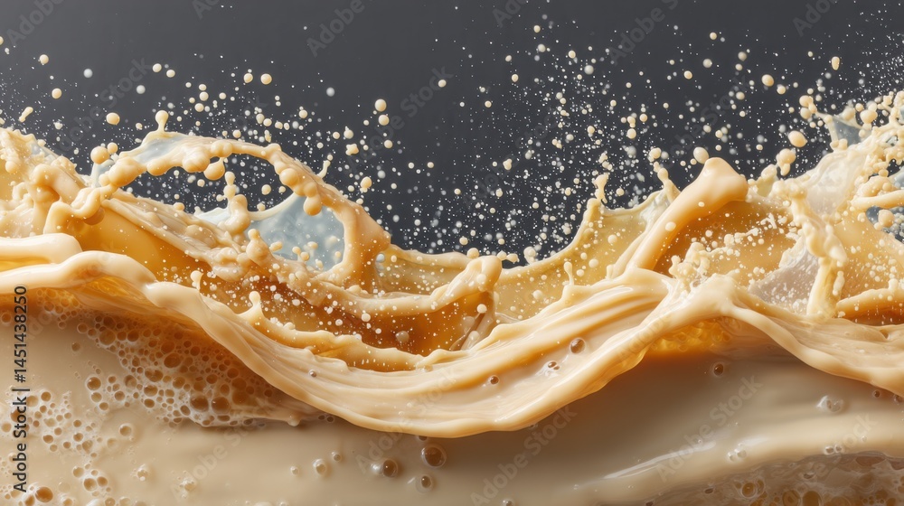 Poster dynamic splash of creamy liquid with droplets against a dark background