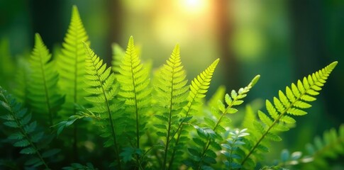 Lush fern fronds in sunlight filtering through, light, nature
