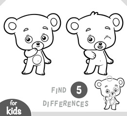 Cute cartoon bear. Find differences, education black and white game for kids