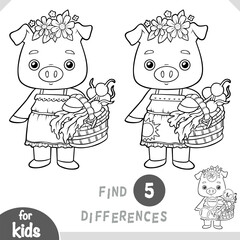 Cute pig with a basket of vegetables. Find differences, educational black and white game for kids