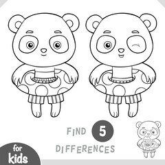 Cute panda and inflatable rubber ring. Find differences, educational black and white game for kids