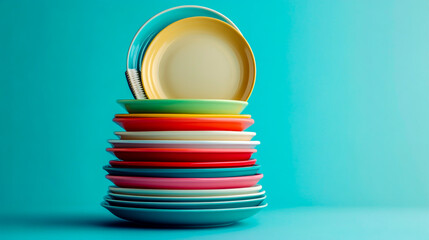 A stack of clean plates and bowls, with one plate being lifted by an end brush, against a blue background. The colors include reds, blues, whites, greens, pinks, and yellows