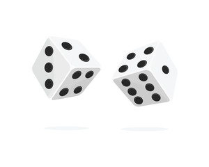 Two dice vector. Circle halftone shape game dice cubes in flight on a white background