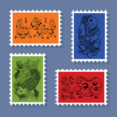 Collection of 4 stamps of Dong Ho folk paintings, Vietnam. Vector illustration.