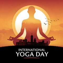 Silhouette of a person practicing yoga over a city, celebrating International Yoga Day