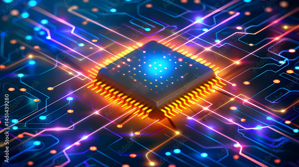 Poster detailed close-up view of a glowing computer chip.