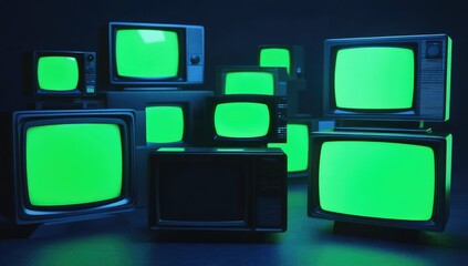 Several green-screen televisions of varying sizes against a dark blue background.