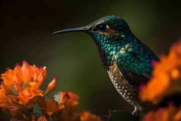Fototapeta premium A hummingbird perched near vibrant orange flowers in a close up nature photography shot image