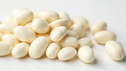 Close-up of several white beans against a bright white background, minimal, photography