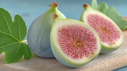 Freshly sliced figs with a vibrant red interior on a wooden cutting board.