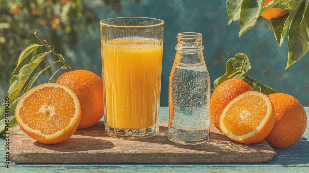 Aufkleber freshly squeezed orange juice with oranges and sparkling water on a wooden surface