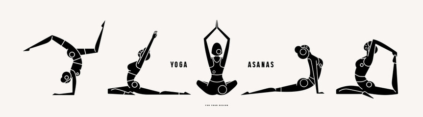 Illustration girls doing yoga asanas. Stylized stencil silhouette set for your design. Black print on white background