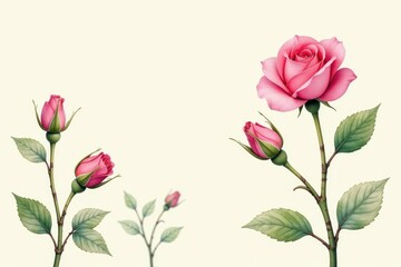 Fototapeta premium Delicate watercolor rosebuds & leaves on cream, wallpaper, textile, buds