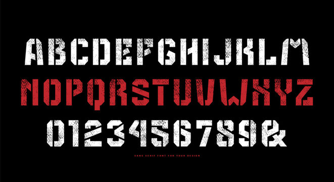 Stencil-plate sans serif font in the military style. Letters and numbers with rough texture for logo and emblem design. Color print on black background