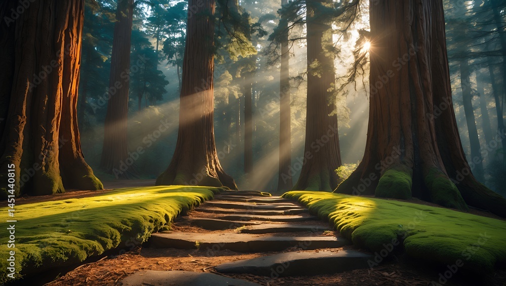 Poster walking path through forest with sunlight streaming between tall trees