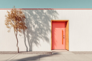 A pink modern door with a wooden frame, set in a white wall under a clear blue sky.